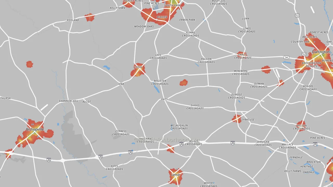Walk Grade map of Mechanicsville, SC, walkable areas in green and car-dependent areas in red