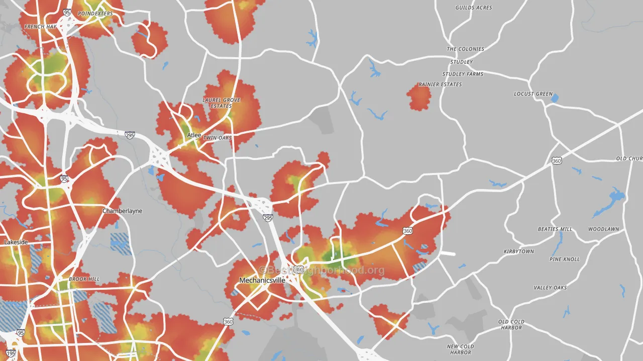 Walk Grade map of Mechanicsville, VA, walkable areas in green and car-dependent areas in red