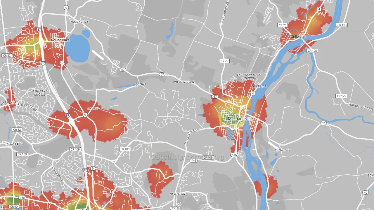 Walk Grade map of Mechanicville, NY, walkable areas in green and car-dependent areas in red