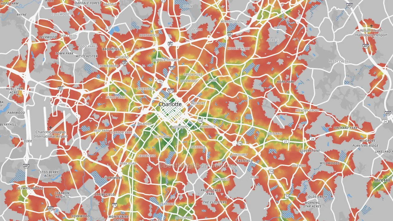 Walk Grade map of Mecklenburg County, NC, walkable areas in green and car-dependent areas in red
