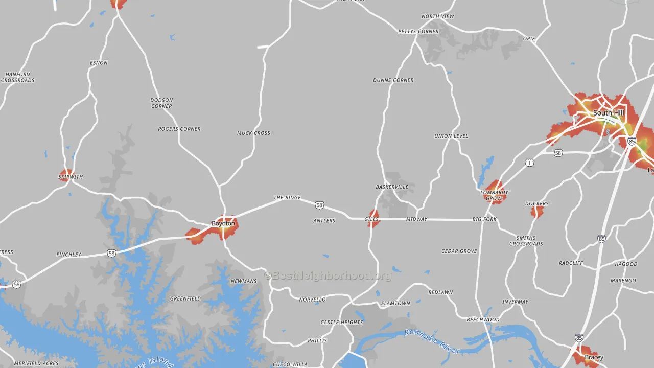 Walk Grade map of Mecklenburg County, VA, walkable areas in green and car-dependent areas in red