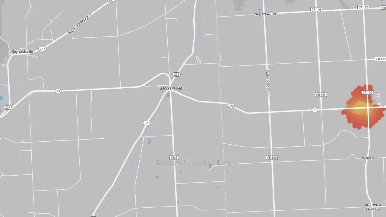 Walk Grade map of Mecklenburg, NY, walkable areas in green and car-dependent areas in red