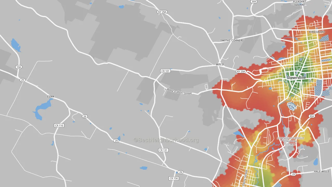 Walk Grade map of Meco, NY, walkable areas in green and car-dependent areas in red