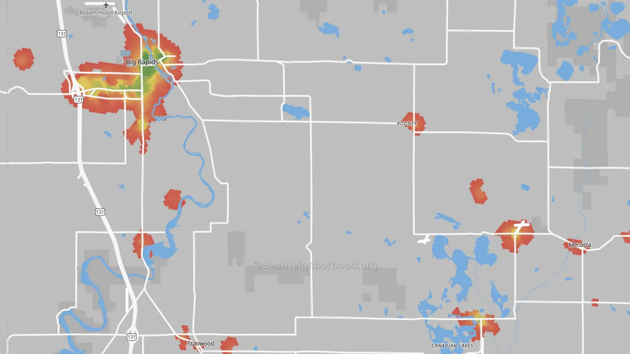 Walk Grade map of Mecosta County, MI, walkable areas in green and car-dependent areas in red