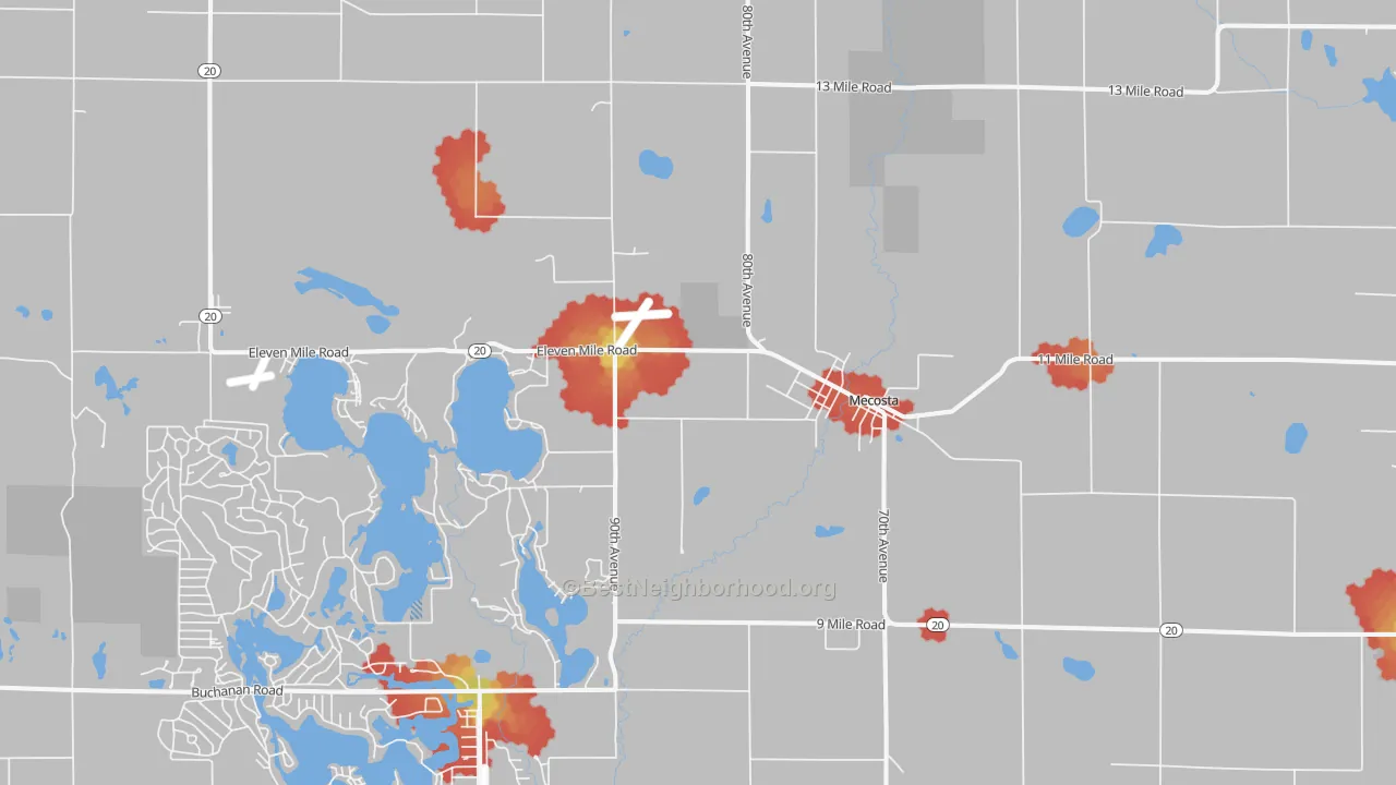 Walk Grade map of Mecosta, MI, walkable areas in green and car-dependent areas in red
