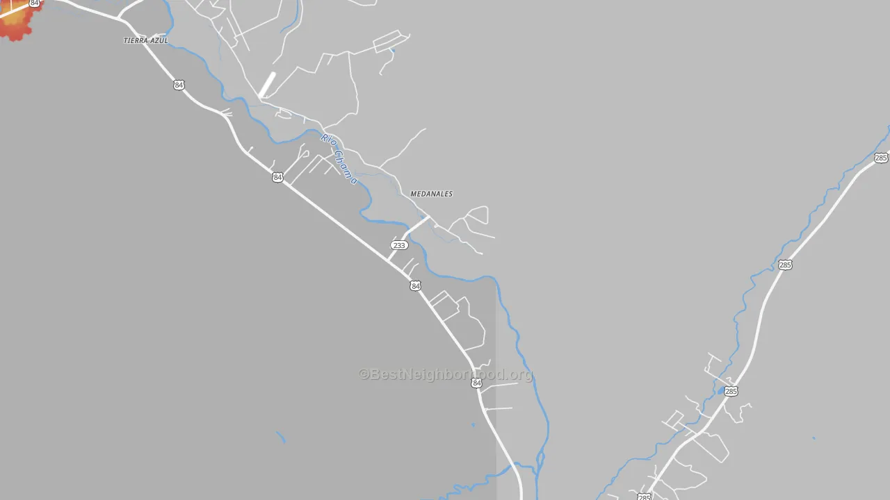 Walk Grade map of Medanales, NM, walkable areas in green and car-dependent areas in red