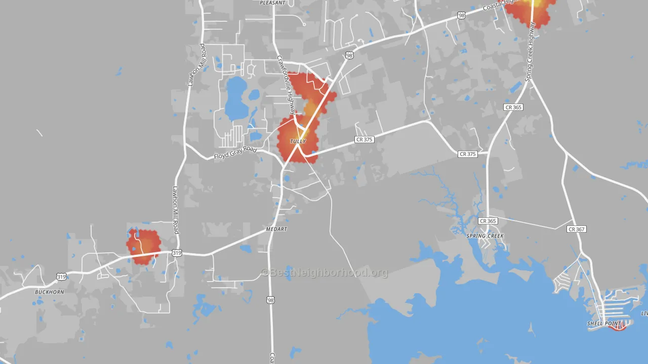 Walk Grade map of Medart, FL, walkable areas in green and car-dependent areas in red