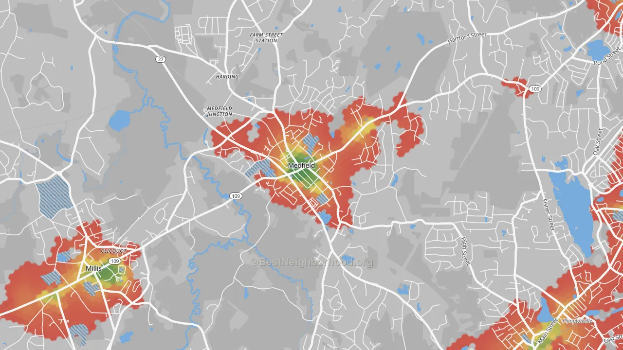 Walk Grade map of Medfield, MA, walkable areas in green and car-dependent areas in red