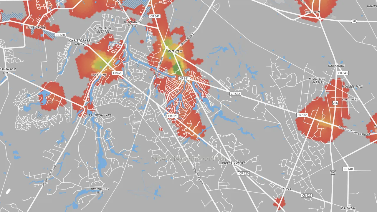 Walk Grade map of Medford Lakes, NJ, walkable areas in green and car-dependent areas in red