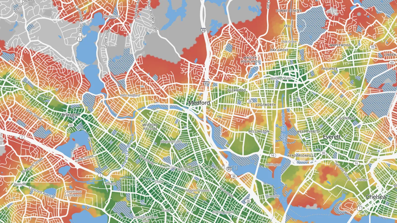Walk Grade map of Medford, MA, walkable areas in green and car-dependent areas in red