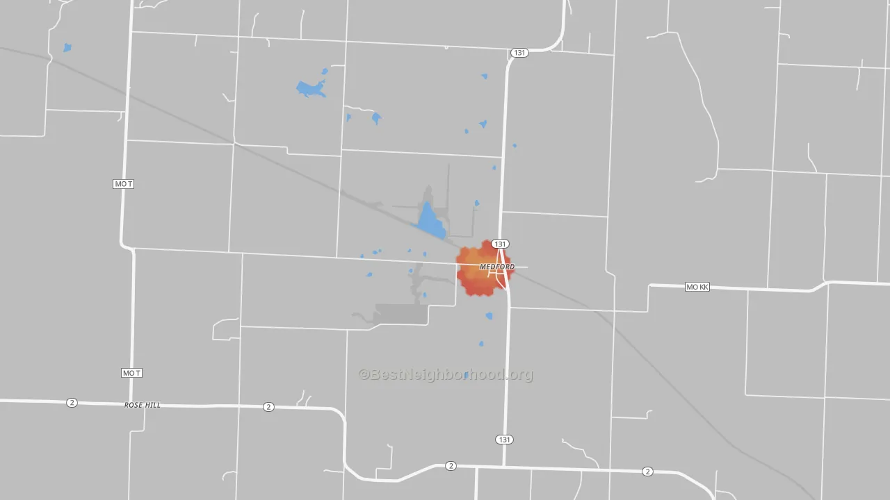 Walk Grade map of Medford, MO, walkable areas in green and car-dependent areas in red