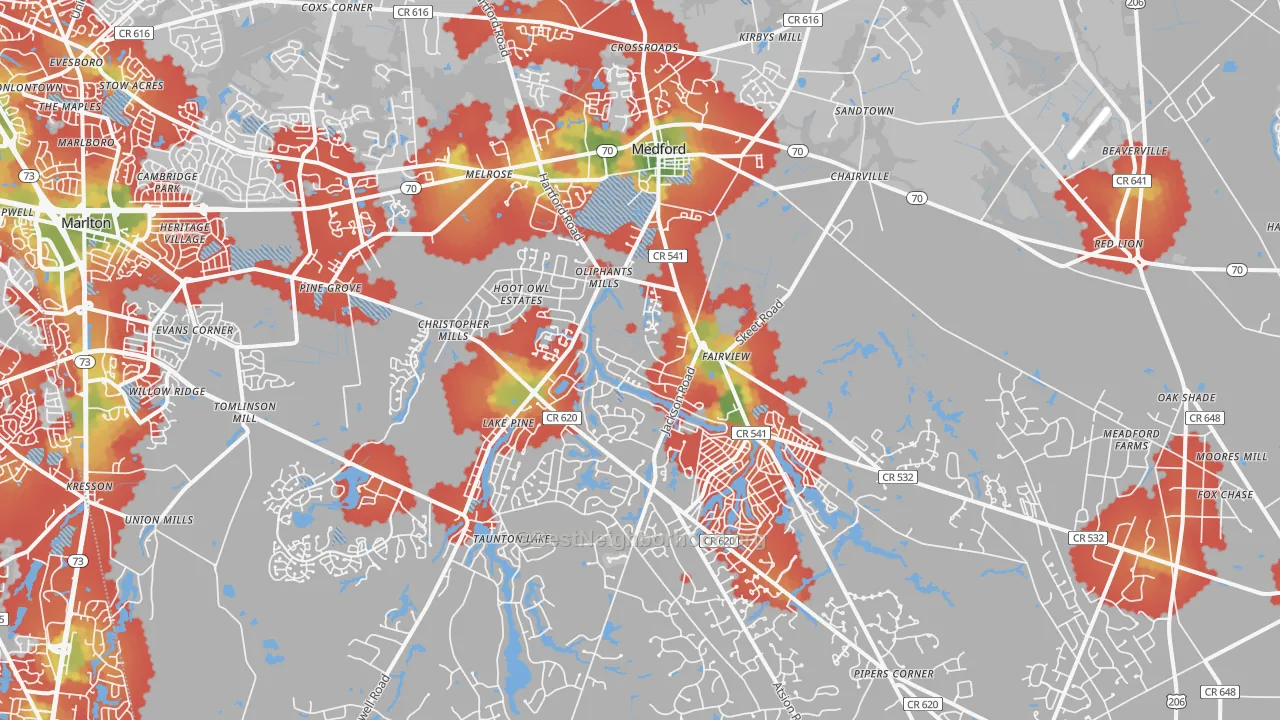Walk Grade map of Medford, NJ, walkable areas in green and car-dependent areas in red