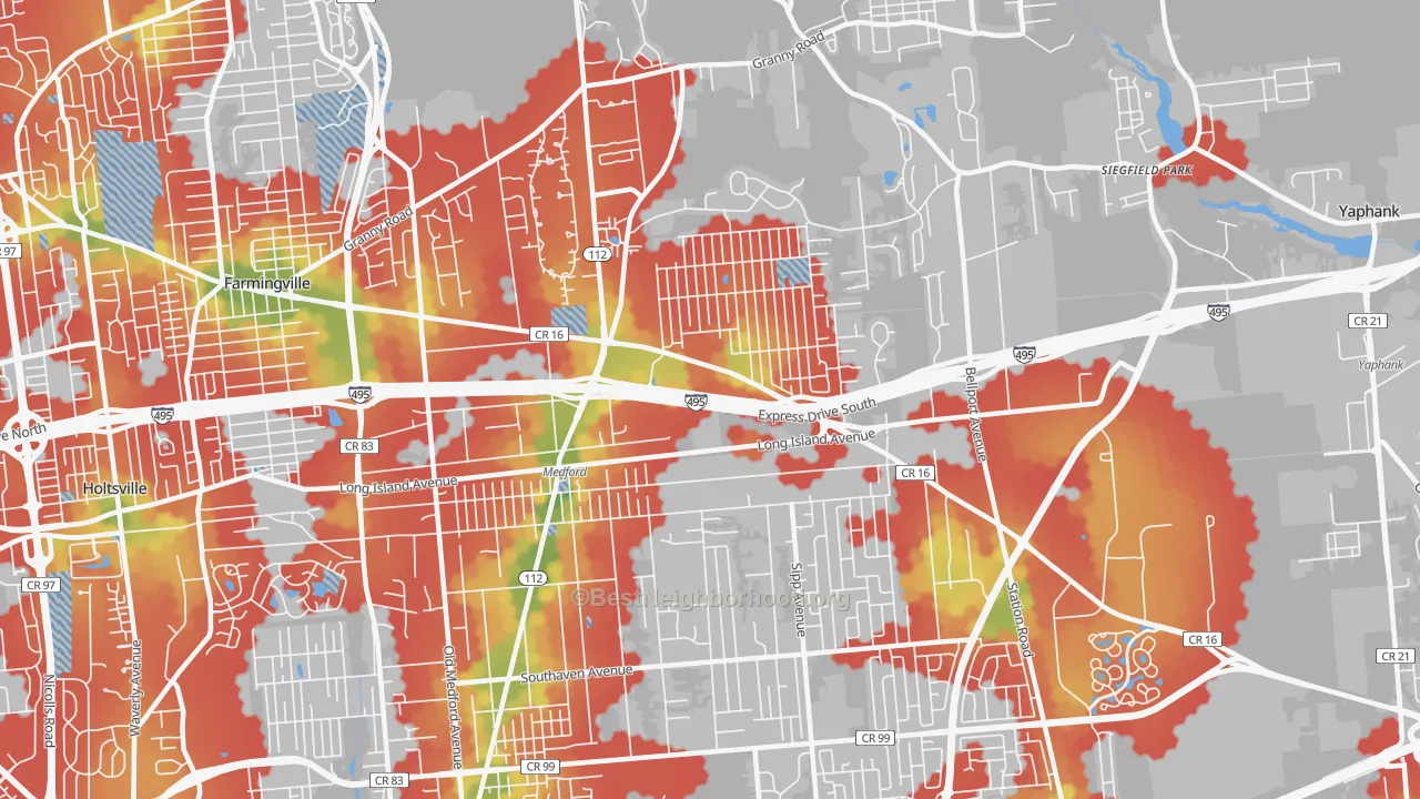 Walk Grade map of Medford, NY, walkable areas in green and car-dependent areas in red