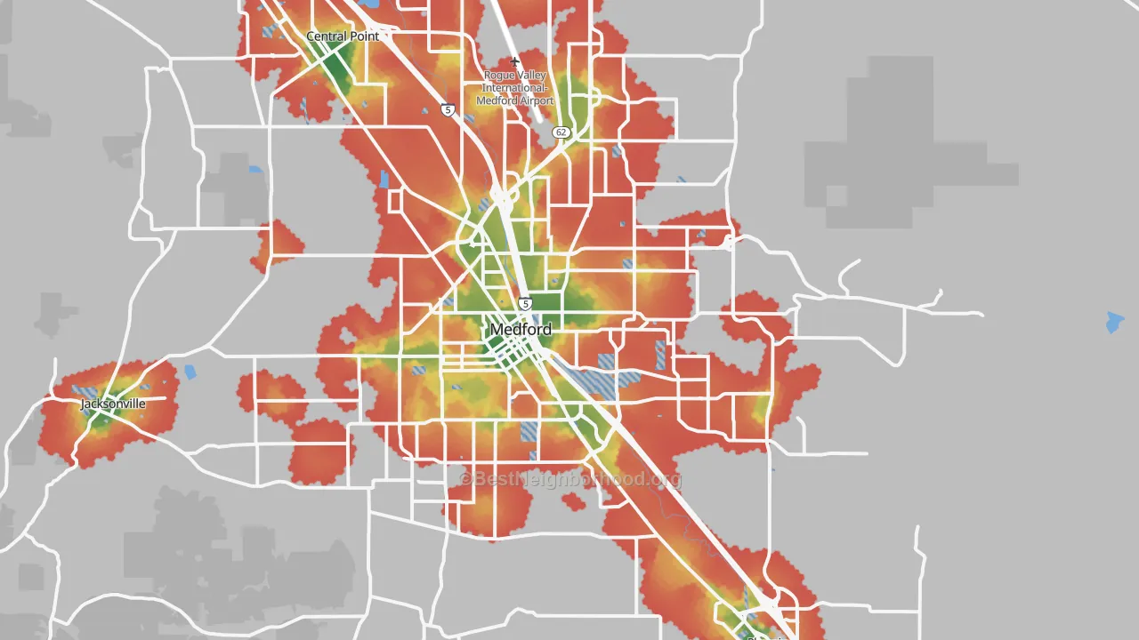 Walk Grade map of Medford, OR, walkable areas in green and car-dependent areas in red