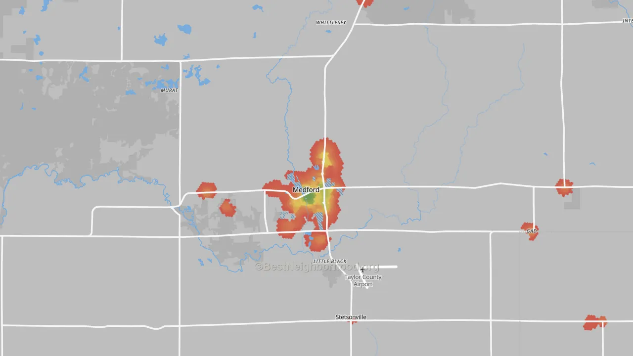Walk Grade map of Medford, WI, walkable areas in green and car-dependent areas in red