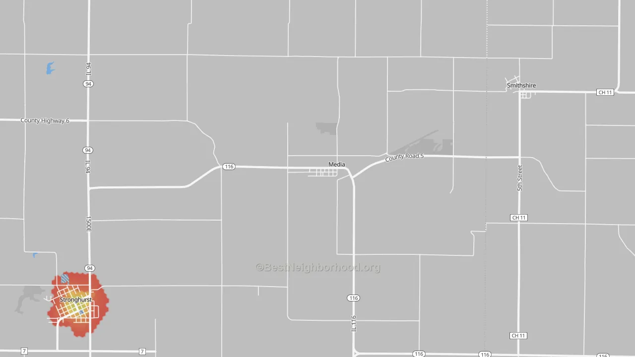 Walk Grade map of Media, IL, walkable areas in green and car-dependent areas in red
