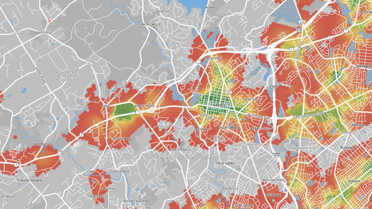 Walk Grade map of Media, PA, walkable areas in green and car-dependent areas in red