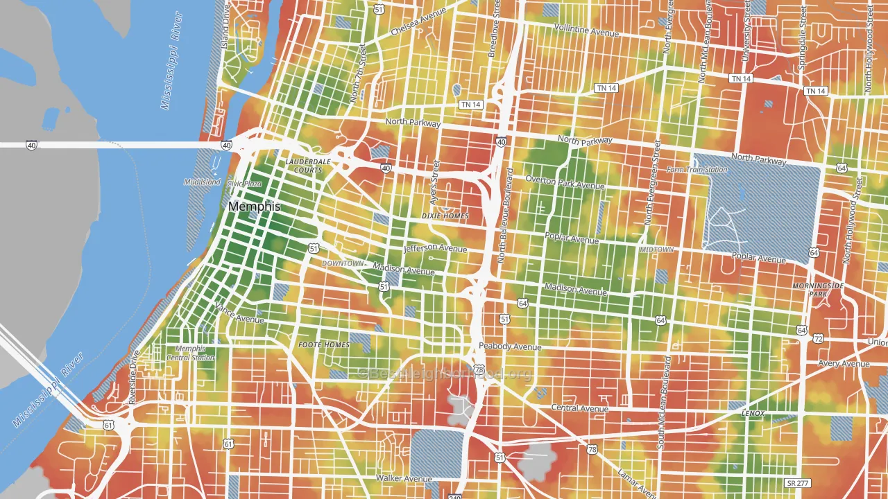 Walk Grade map of Medical District, Memphis, TN, walkable areas in green and car-dependent areas in red