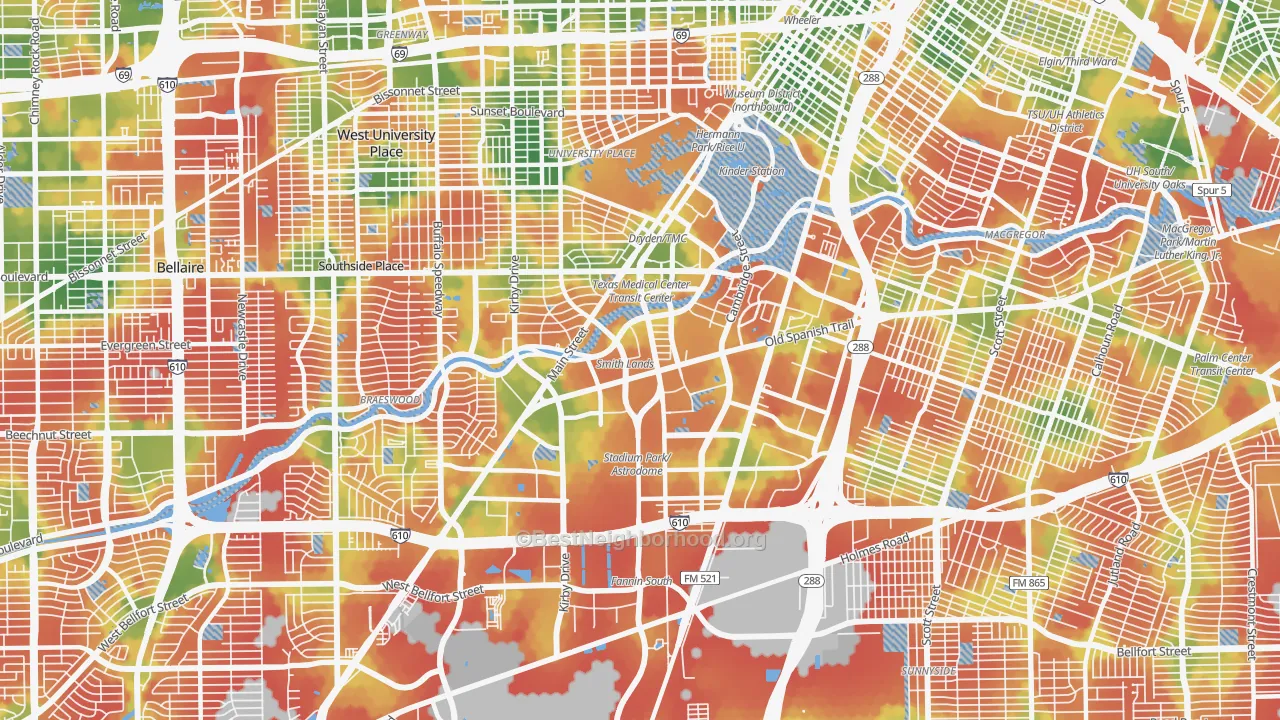 Walk Grade map of Medical, Houston, TX, walkable areas in green and car-dependent areas in red