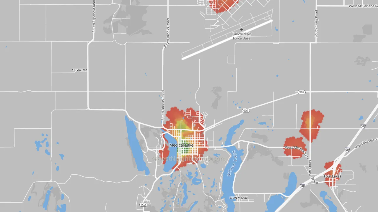 Walk Grade map of Medical Lake, WA, walkable areas in green and car-dependent areas in red