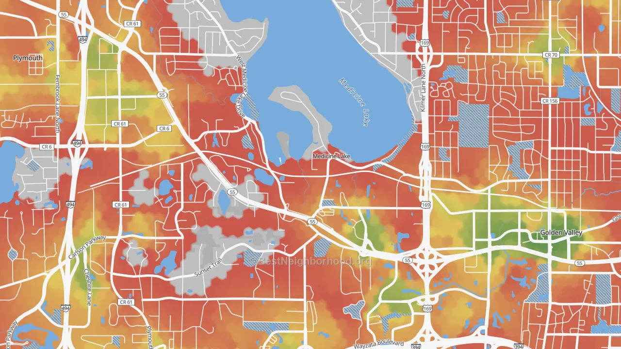 Walk Grade map of Medicine Lake, MN, walkable areas in green and car-dependent areas in red