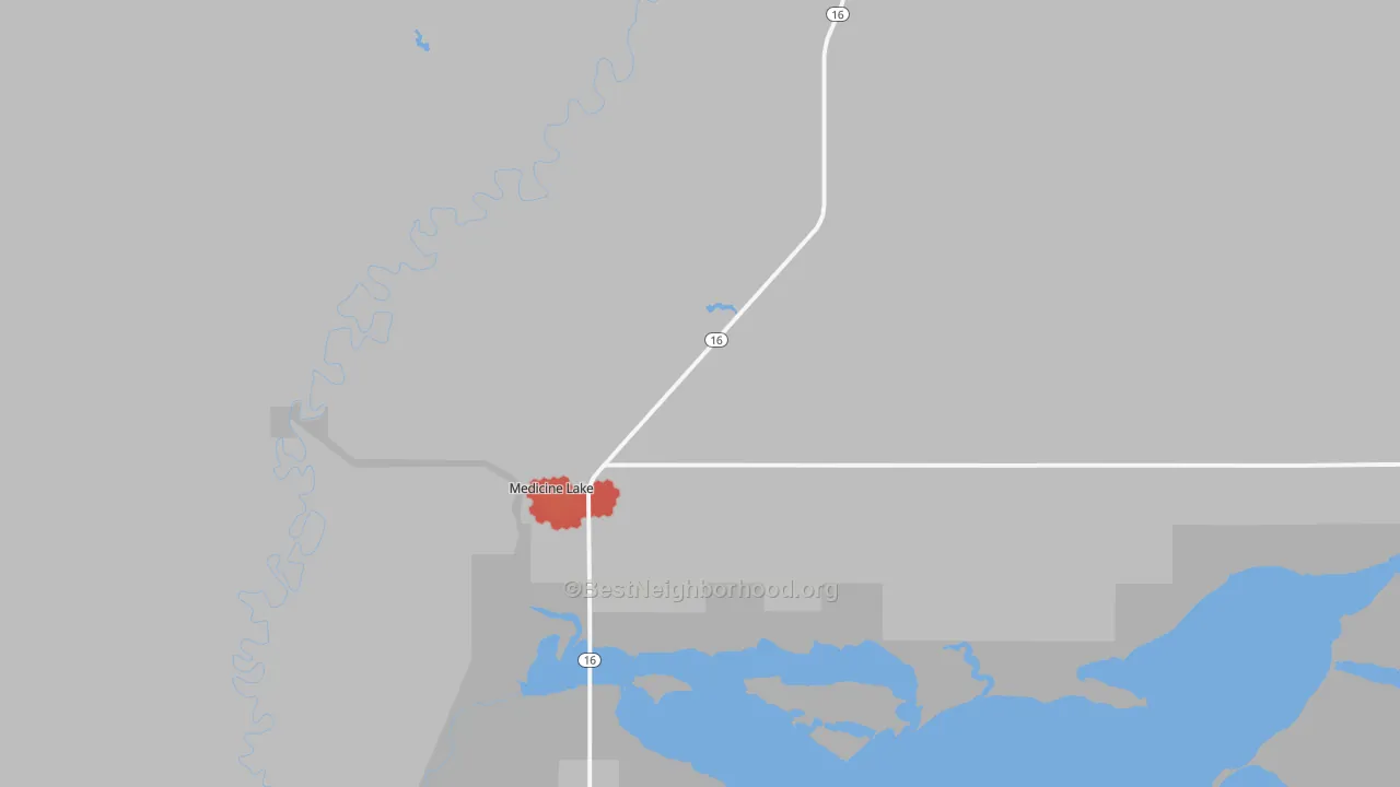 Walk Grade map of Medicine Lake, MT, walkable areas in green and car-dependent areas in red
