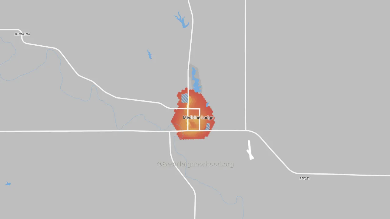 Walk Grade map of Medicine Lodge, KS, walkable areas in green and car-dependent areas in red