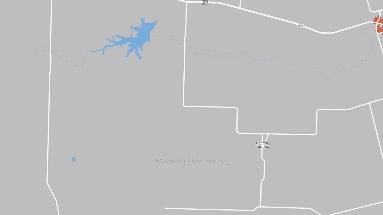 Walk Grade map of Medicine Mound, TX, walkable areas in green and car-dependent areas in red