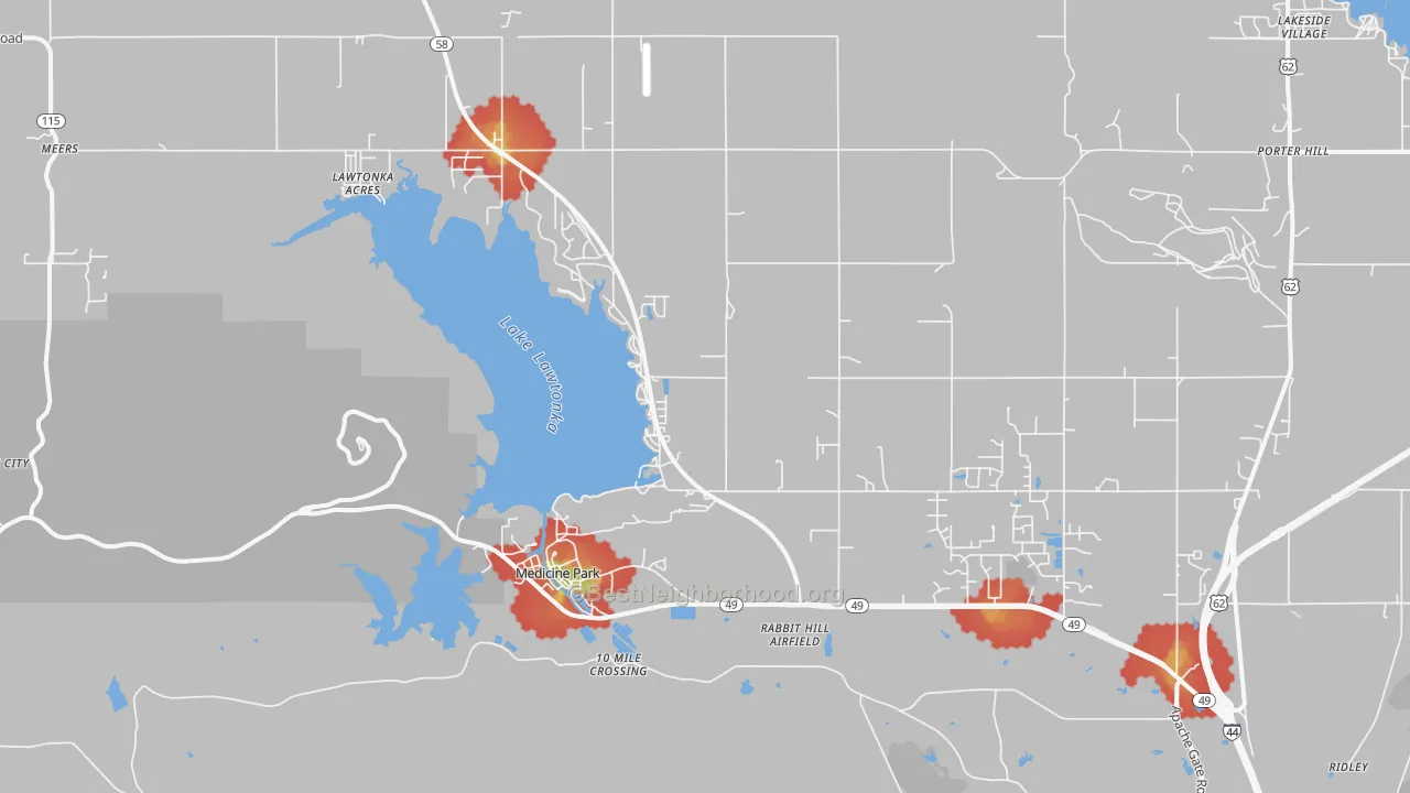 Walk Grade map of Medicine Park, OK, walkable areas in green and car-dependent areas in red