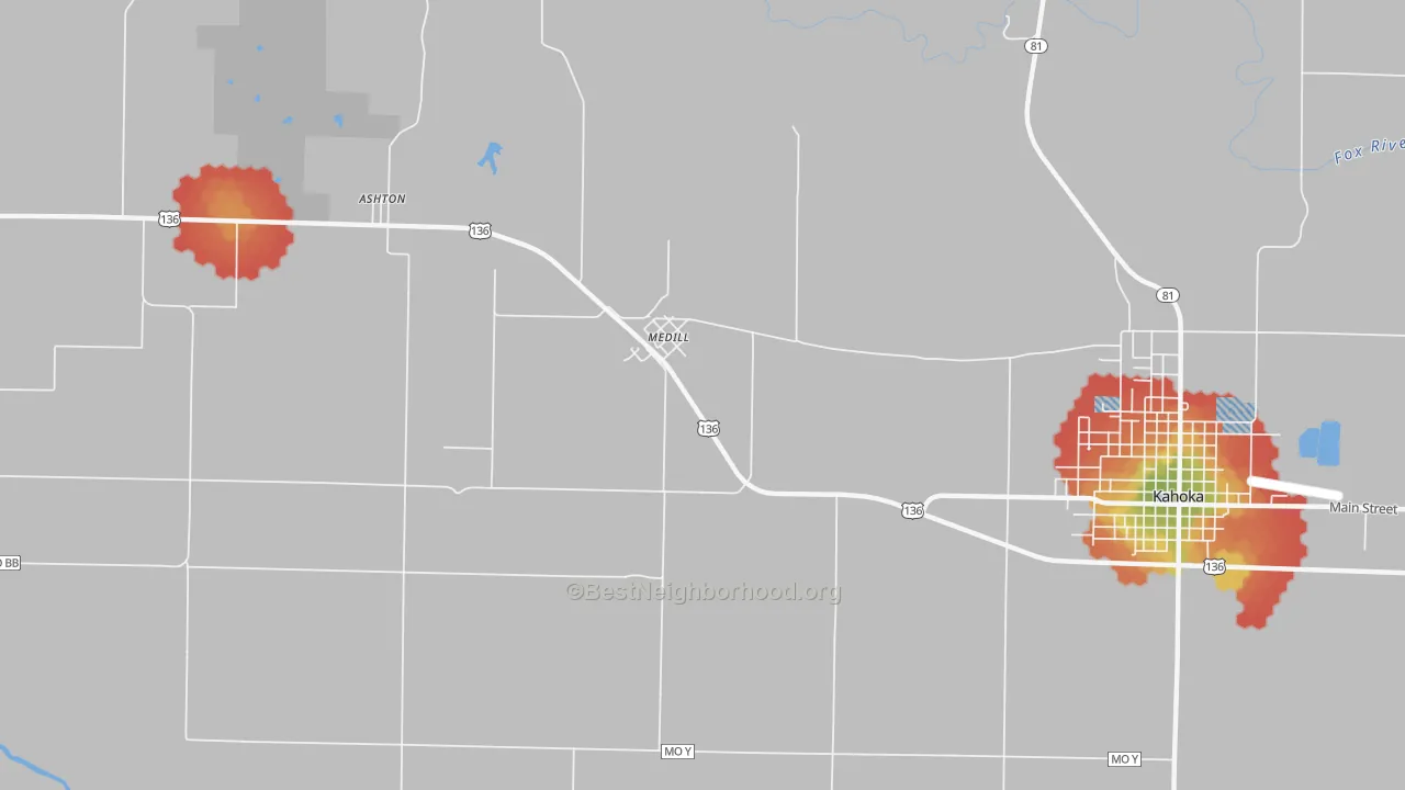 Walk Grade map of Medill, MO, walkable areas in green and car-dependent areas in red