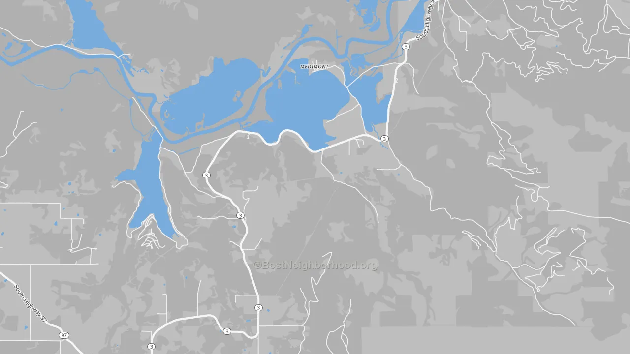 Walk Grade map of Medimont, ID, walkable areas in green and car-dependent areas in red