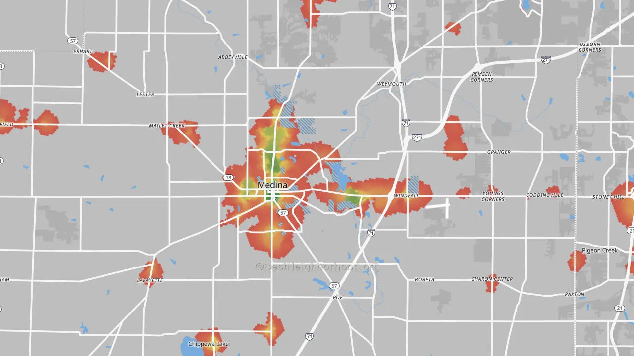 Walk Grade map of Medina County, OH, walkable areas in green and car-dependent areas in red
