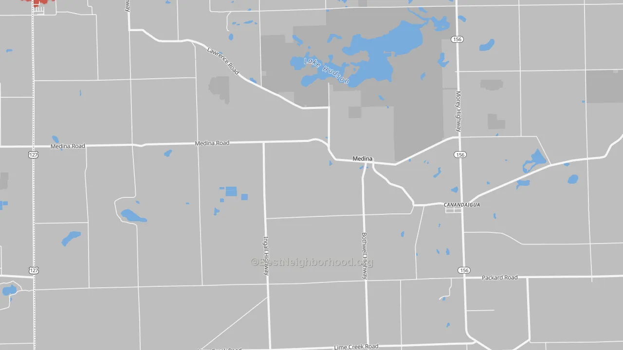 Walk Grade map of Medina, MI, walkable areas in green and car-dependent areas in red