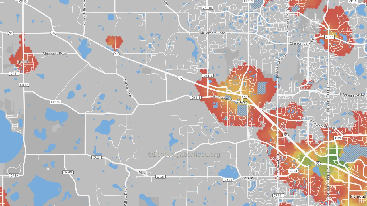 Walk Grade map of Medina, MN, walkable areas in green and car-dependent areas in red