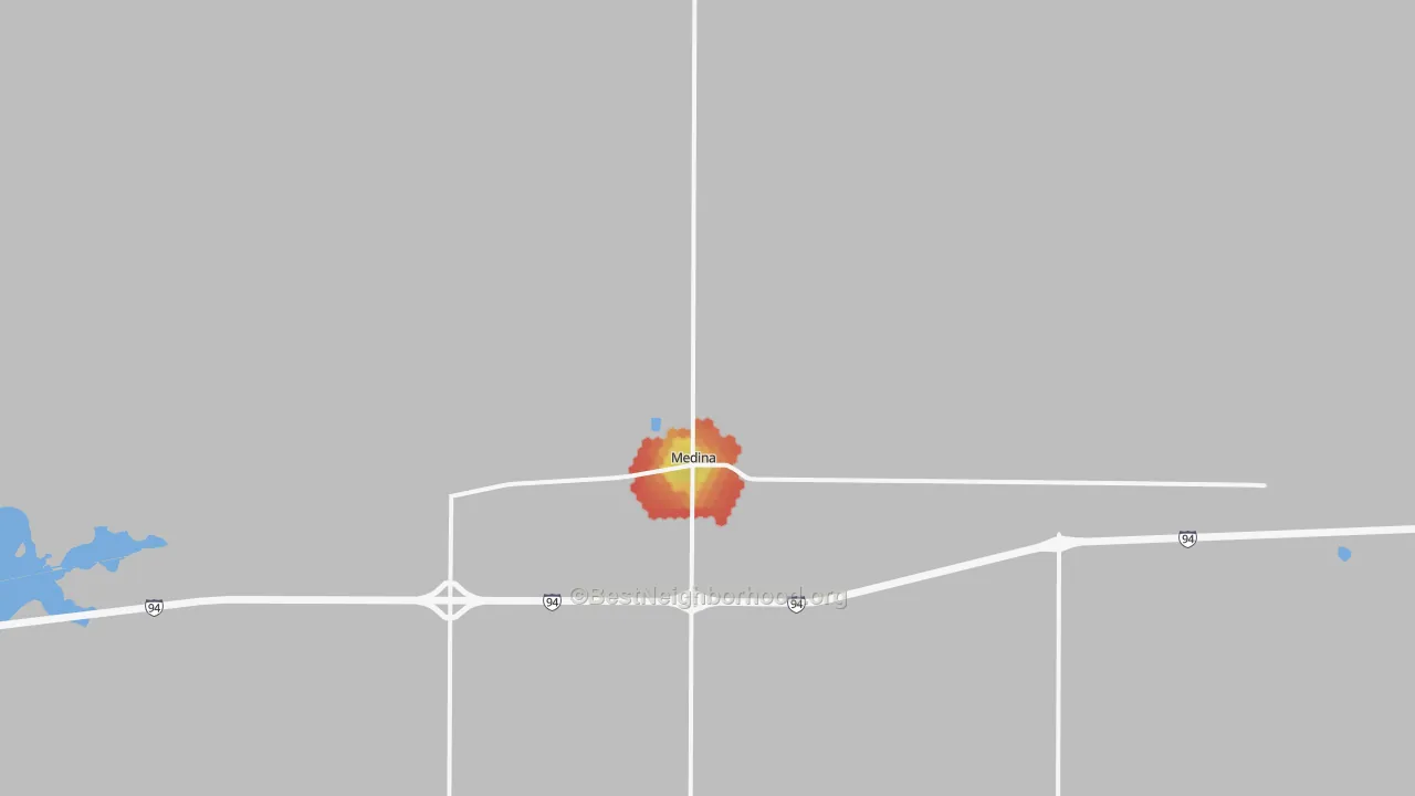 Walk Grade map of Medina, ND, walkable areas in green and car-dependent areas in red