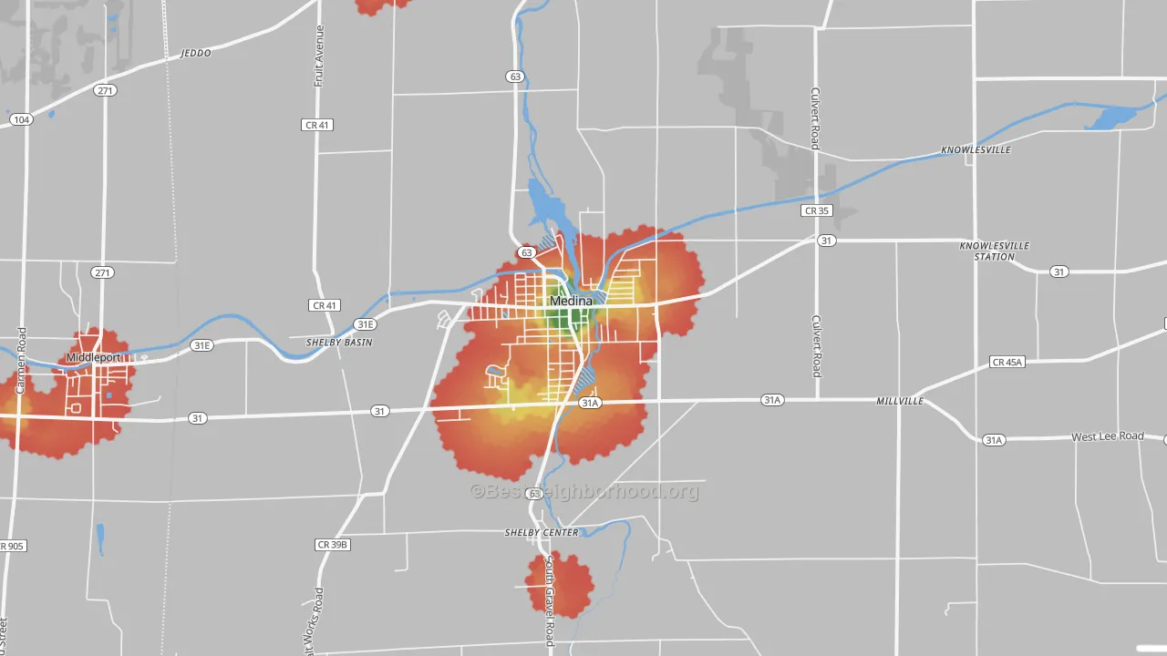 Walk Grade map of Medina, NY, walkable areas in green and car-dependent areas in red