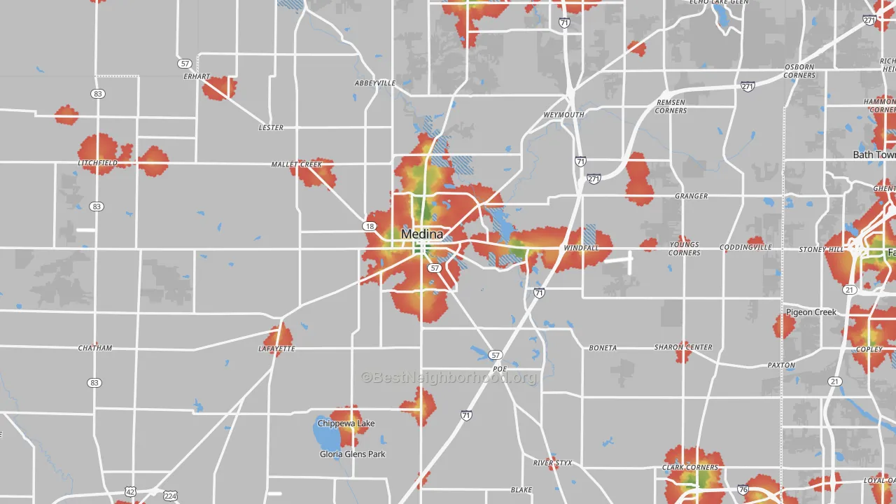 Walk Grade map of Medina, OH, walkable areas in green and car-dependent areas in red