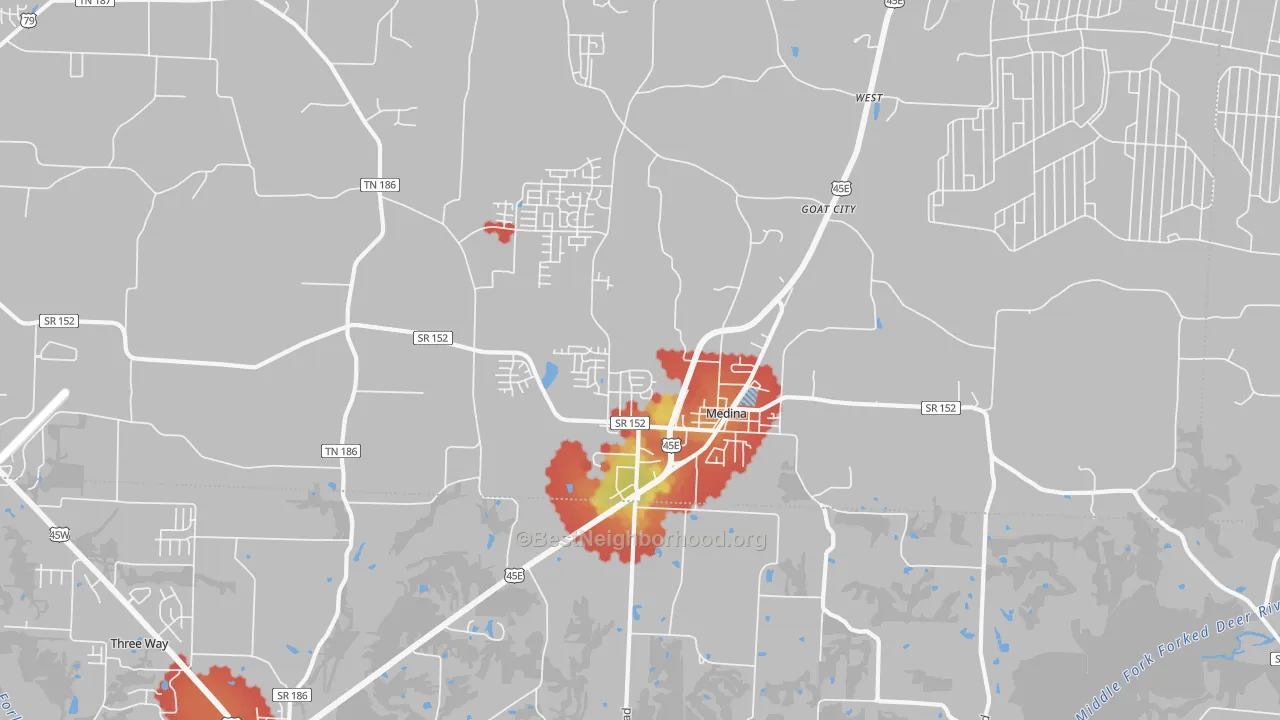 Walk Grade map of Medina, TN, walkable areas in green and car-dependent areas in red
