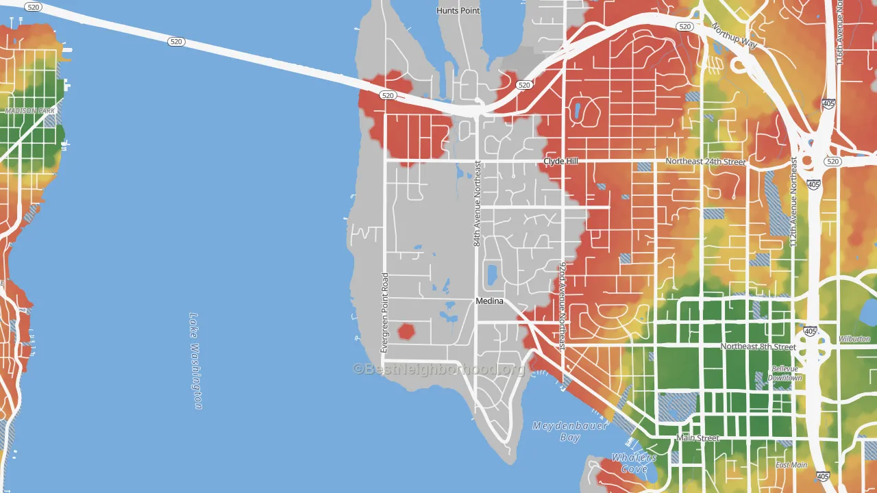 Walk Grade map of Medina, WA, walkable areas in green and car-dependent areas in red