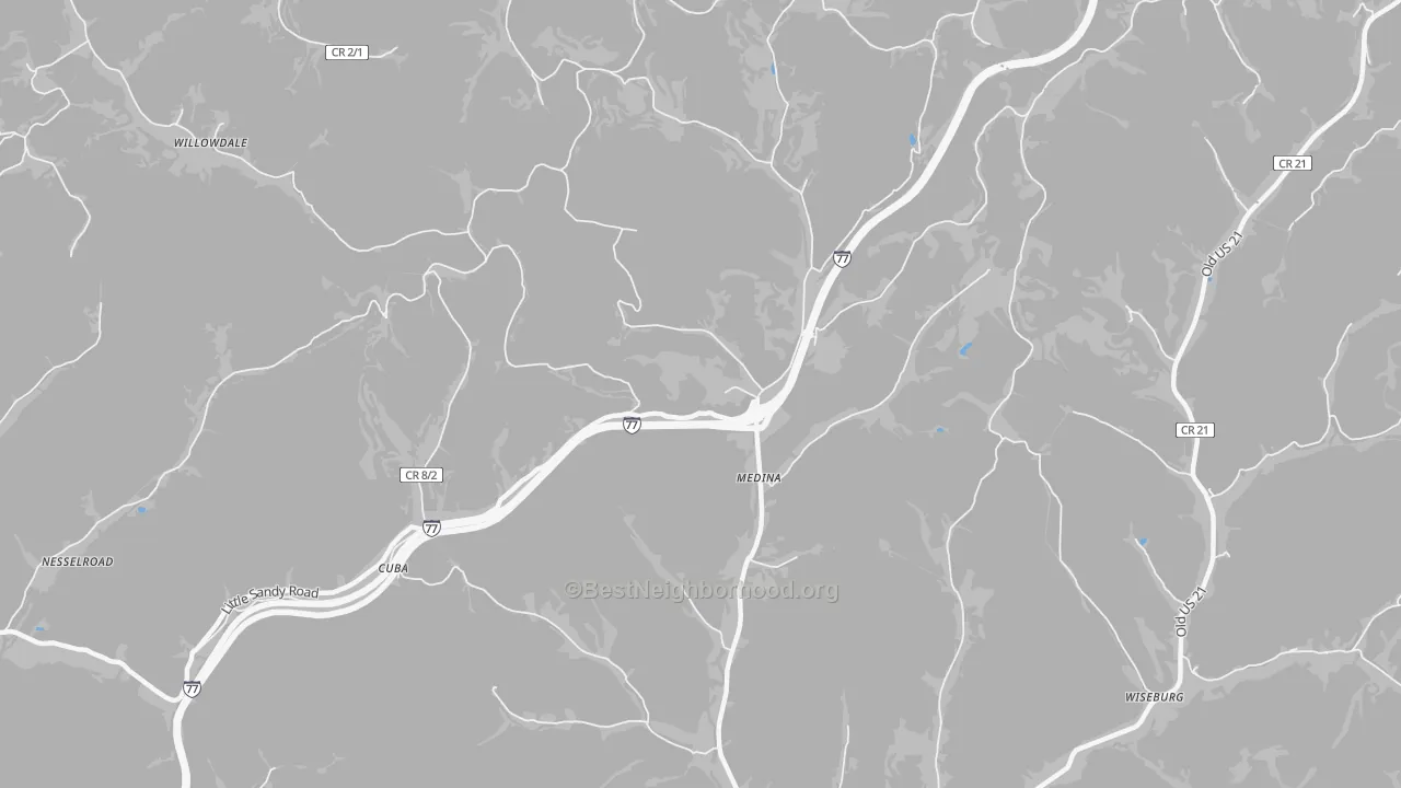 Walk Grade map of Medina, WV, walkable areas in green and car-dependent areas in red