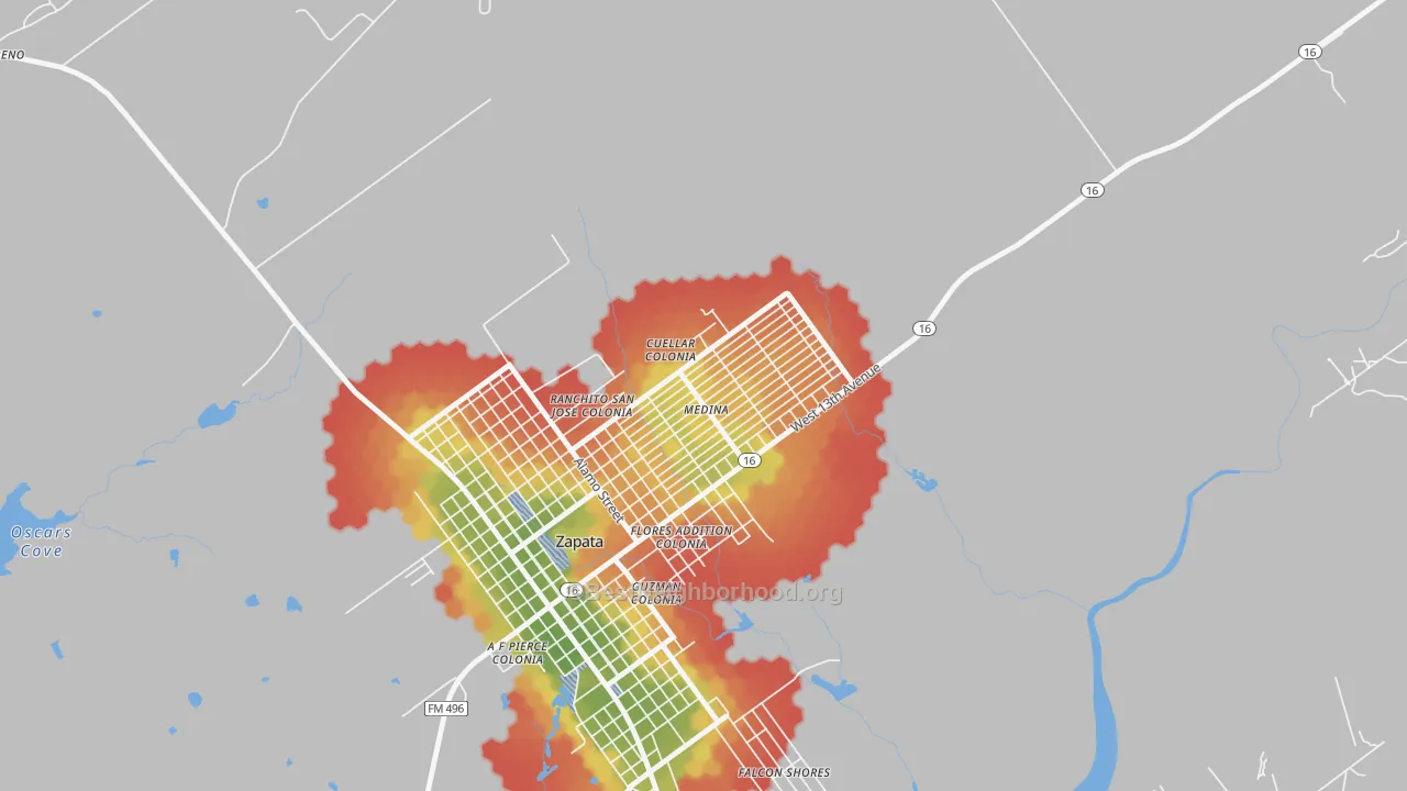 Walk Grade map of Medina, Zapata, TX, walkable areas in green and car-dependent areas in red