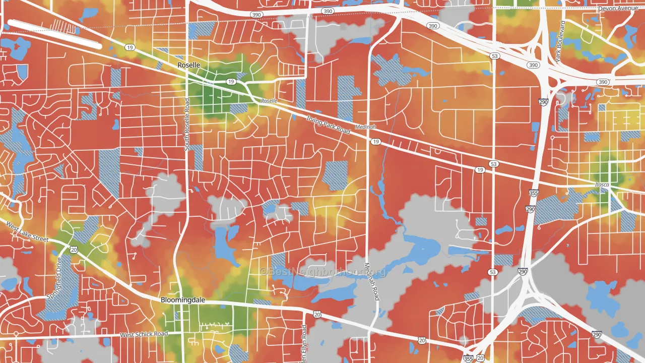 Walk Grade map of Medinah, IL, walkable areas in green and car-dependent areas in red
