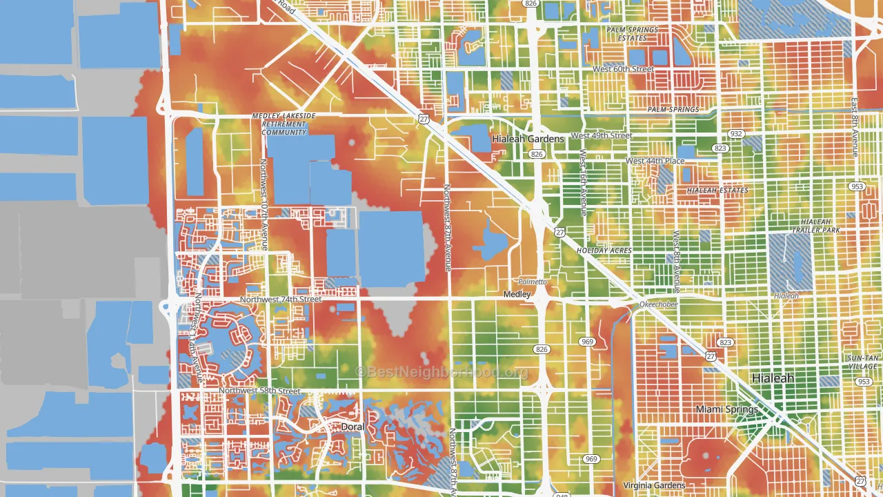 Walk Grade map of Medley, FL, walkable areas in green and car-dependent areas in red