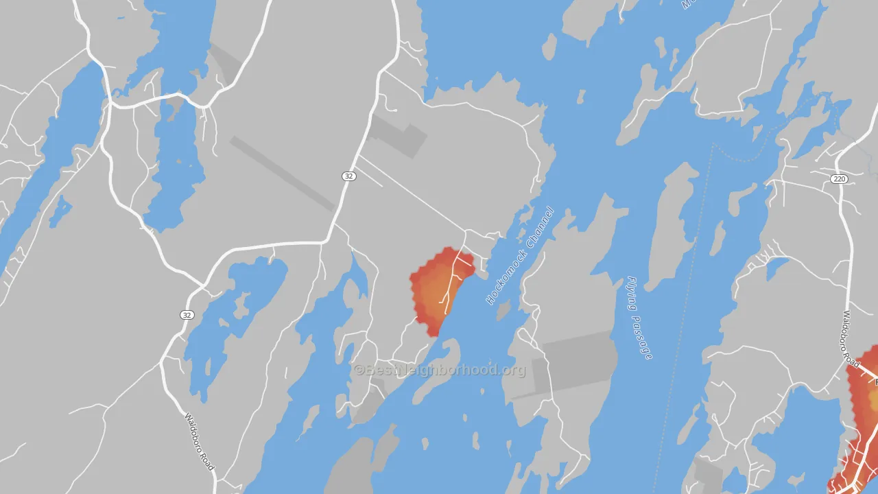 Walk Grade map of Medomak, ME, walkable areas in green and car-dependent areas in red