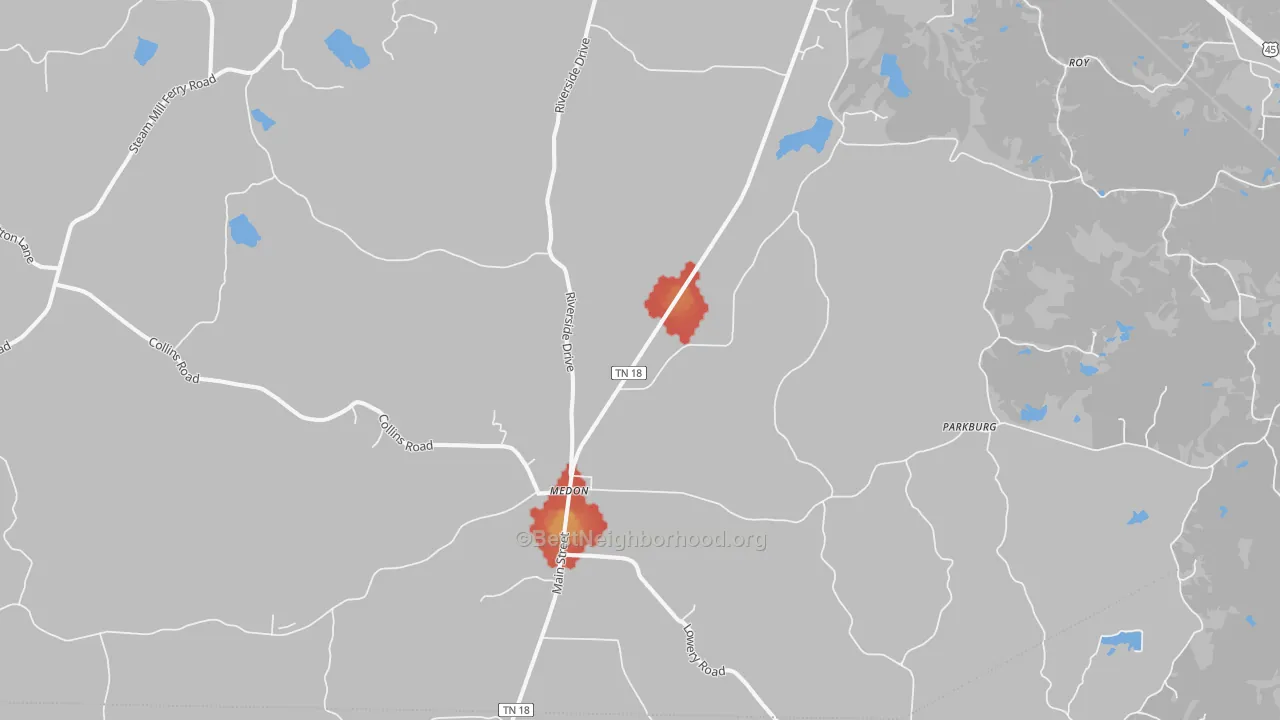 Walk Grade map of Medon, TN, walkable areas in green and car-dependent areas in red