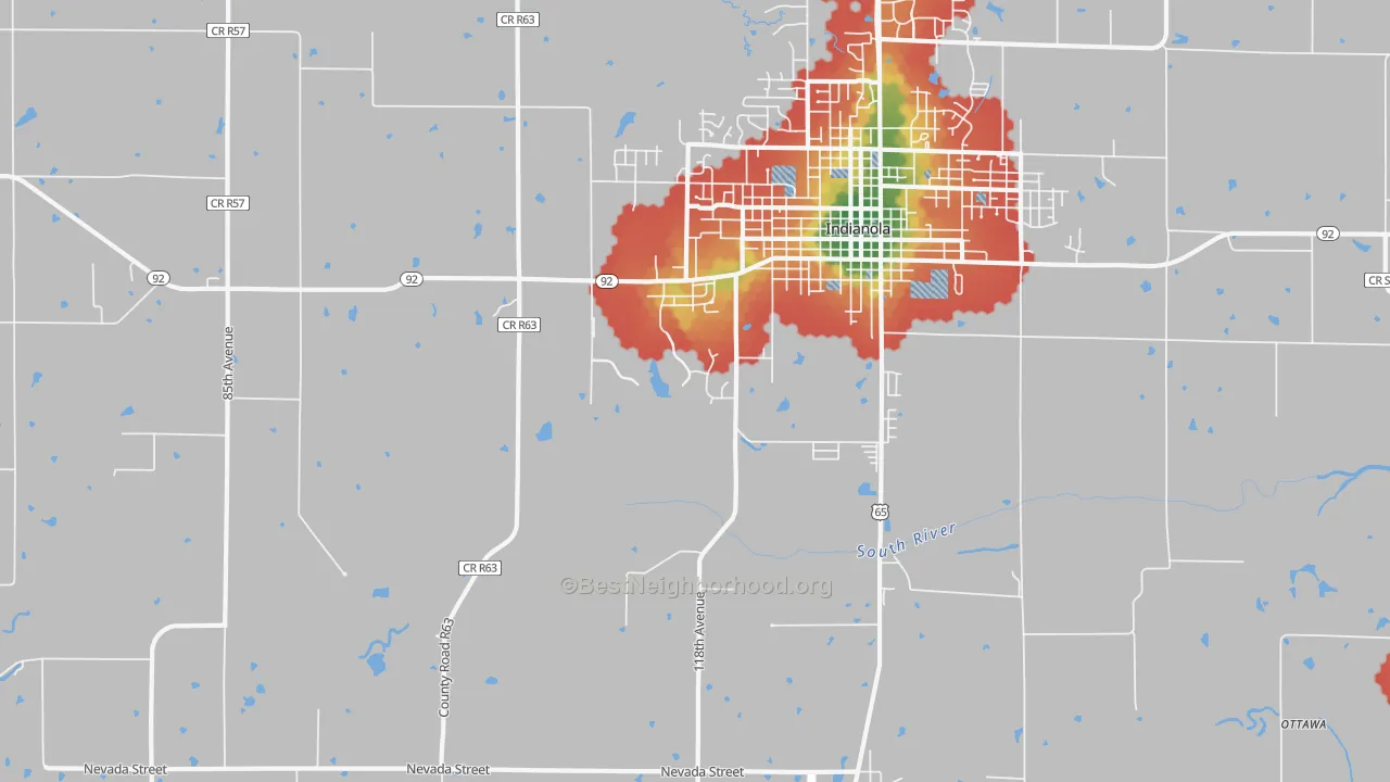 Walk Grade map of Medora, IA, walkable areas in green and car-dependent areas in red