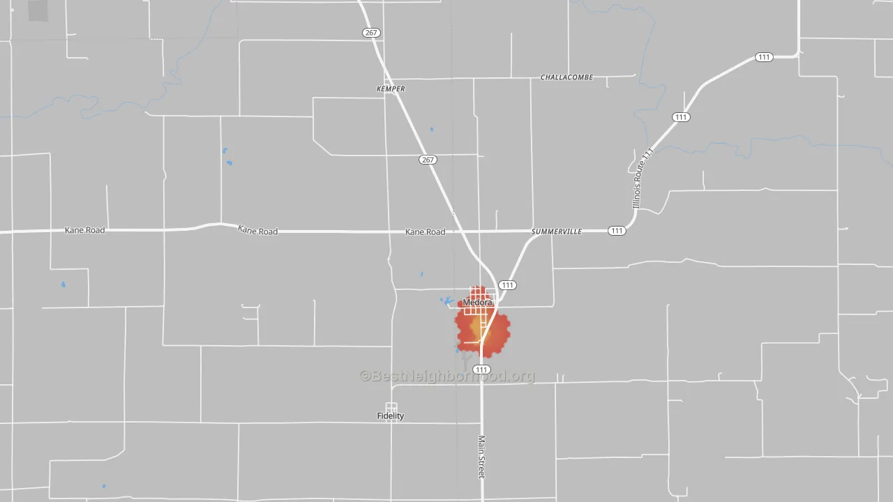 Walk Grade map of Medora, IL, walkable areas in green and car-dependent areas in red