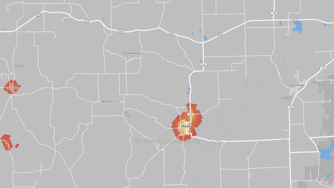 Walk Grade map of Medora, IN, walkable areas in green and car-dependent areas in red