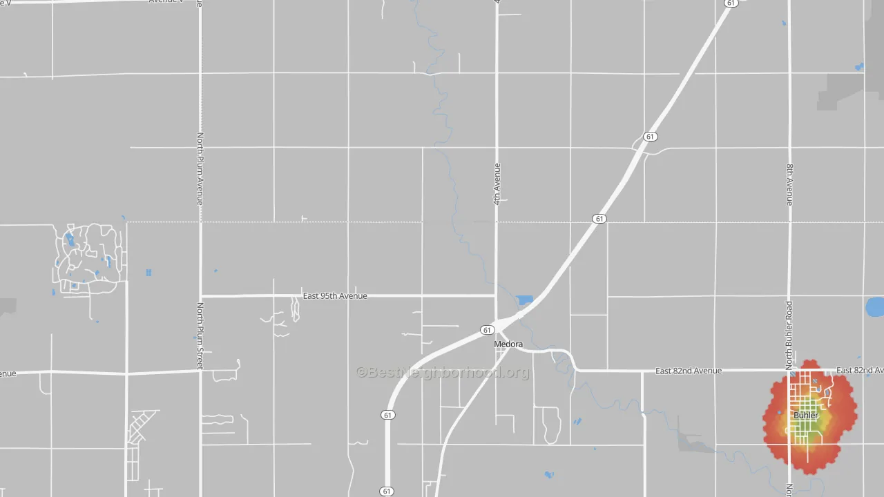 Walk Grade map of Medora, KS, walkable areas in green and car-dependent areas in red