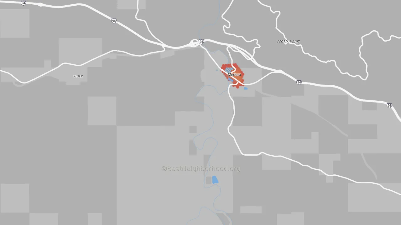 Walk Grade map of Medora, ND, walkable areas in green and car-dependent areas in red